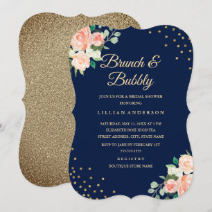 Invitation Marine Gold Floral Confetti Brunch et Bubbly