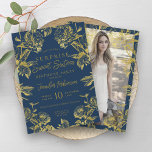 Invitation Marine Gold Floral Photo SURPRISE Sweet 16<br><div class="desc">Elégant Sweet sixteen Anniversaire invitation modèle Gold Navy motif floral,  personnalisé Photo & script de typographie moderne.</div>