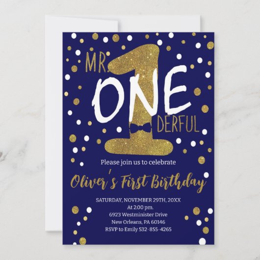 Invitation Marine & Gold, M. Onederful Birthday, Pois (Devant)