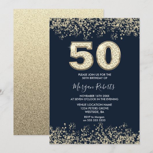 Invitation Marine & Gold Mens ou Femme 50e fête d'anniversair (Devant / Derrière)