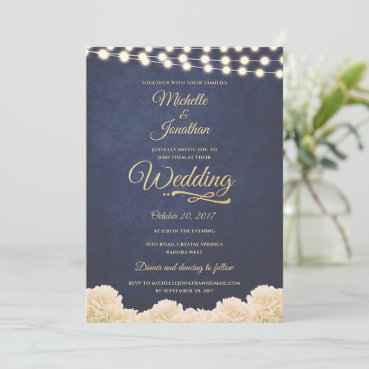 Invitation Marine Gold Rustic Chic Floral String Mariage (Debout devant)