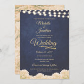 Invitation Marine Gold Rustic Chic Floral String Mariage (Devant / Derrière)