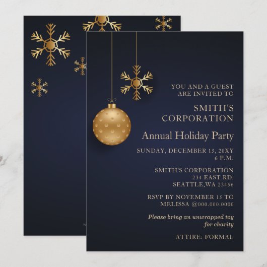 Invitation Marine Gold Snowflakes Corporate Holiday Party (Devant / Derrière)