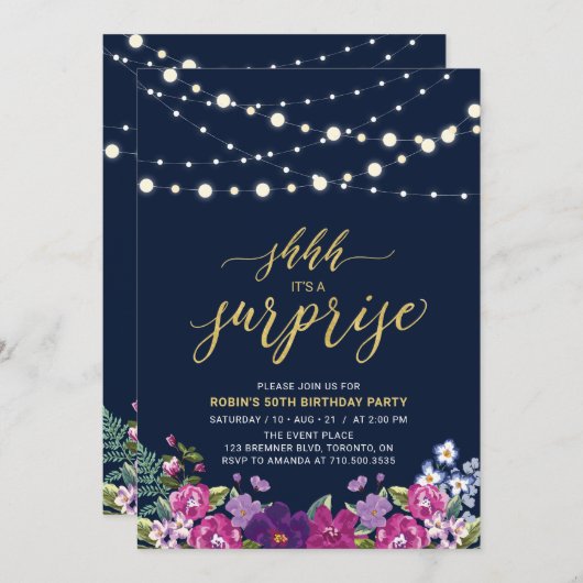 Invitation Marine & Gold String Lumières Surprise fête d'anni (Devant / Derrière)