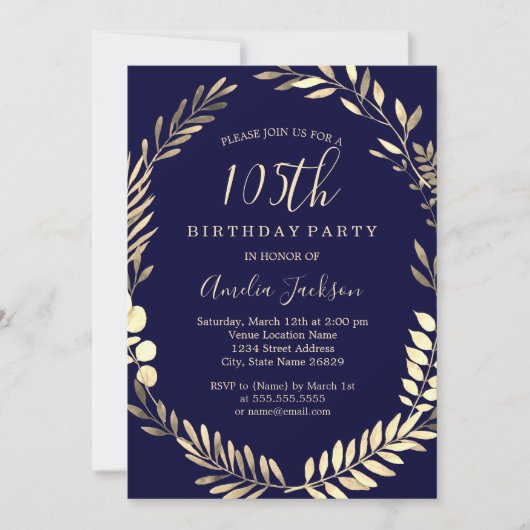 Invitation Marine Gold Watercolor Wreath 105e anniversaire (Devant)