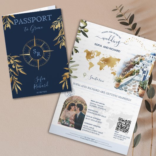 Invitation Marine Grèce Destination Mariage Passeport QR Code