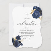 Invitation Marine Indigo Blue Floral Gold Leaf Confirmation I (Devant)