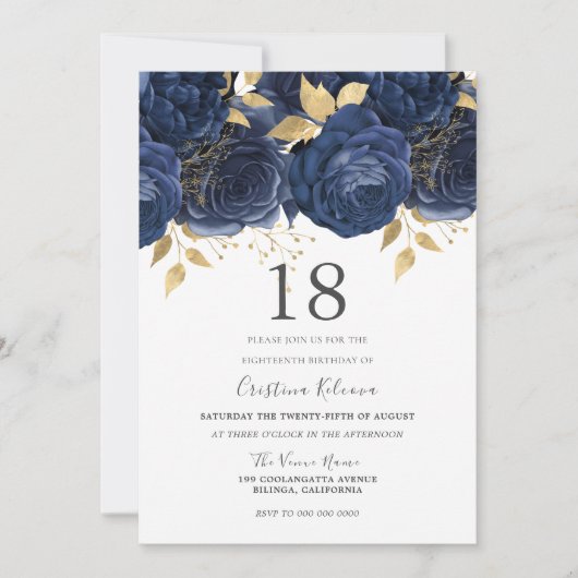 Invitation Marine Indigo Blue & Gold Floral 18e fête d'annive (Devant)