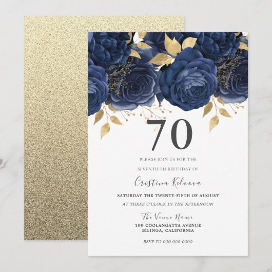 Invitation Marine Indigo Blue & Gold Floral 70e fête d'annive (Devant / Derrière)