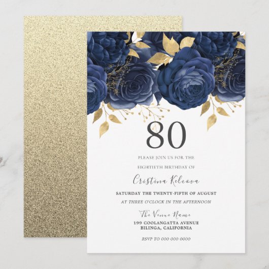 Invitation Marine Indigo Blue & Gold Floral 80e fête d'annive (Devant / Derrière)
