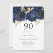 Invitation Marine Indigo Blue & Gold Floral 90e fête d'annive (Devant)