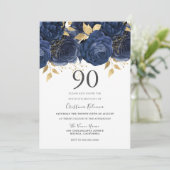 Invitation Marine Indigo Blue & Gold Floral 90e fête d'annive (Debout devant)