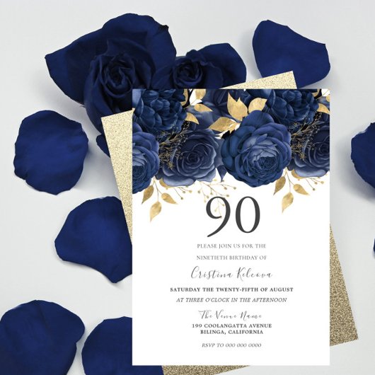 Invitation Marine Indigo Blue & Gold Floral 90e fête d'annive