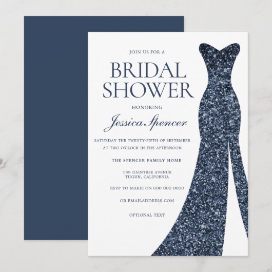 Invitation Marine Indigo Blue Sparkle Robe Fête des mariées V (Devant / Derrière)