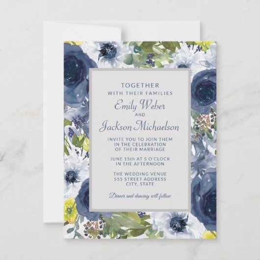 Invitation Marine Jaune Blanc Floral et Mariage gris (Devant)