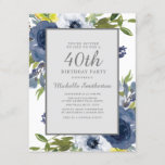 Invitation Marine Jaune Blanc Floral Feuilles 40e anniversair<br><div class="desc">Elégant bleu marine,  jaune et blanc aquarelle floral avec feuilles verts sur blanc invitation de fête de 40e anniversaire. Le lettrage est une belle police de script de calligraphie. Contactez-nous pour obtenir de l'aide sur la personnalisation ou pour demander des produits correspondants.</div>