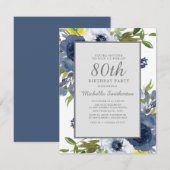 Invitation Marine Jaune Blanc Floral Feuilles 80e anniversair (Devant / Derrière)
