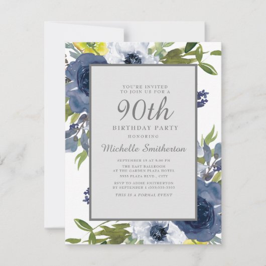 Invitation Marine Jaune Blanc Floral Feuilles 90e anniversair (Devant)