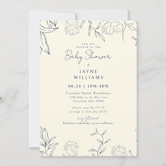 Invitation Marine & Jaune Botanique Baby shower neutre (Devant)