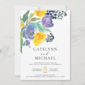 Invitation Marine Jaune et violet brillant Mariage floral (Devant)