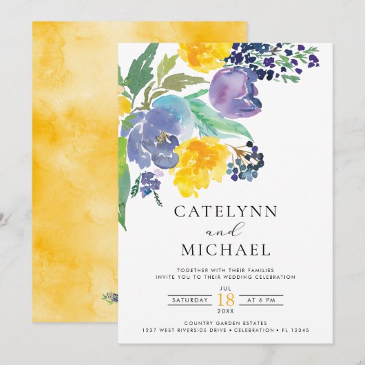 Invitation Marine Jaune et violet brillant Mariage floral (Devant / Derrière)