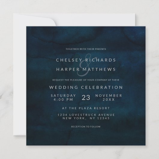 Invitation Marine Luster Bleu foncé Minimal Mariage Carré (Devant)