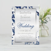 Invitation Marine Marbre Bleu, Argent & Satin Blan (Debout devant)
