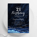 Invitation Marine Marbre d'âge en argent bleu 21e anniversair<br><div class="desc">Marine bleu et argent agate 21e anniversaire invitation de fête. Elégant design moderne avec aquarelle bleu royal agate marbre arrière - plan,  faux parties scintillant argent et typographie script police. Carte invitation branchée parfaite pour une célébration anniversaire féminine élégante. Invitations Zazzle imprimées ou téléchargement instantané modèle imprimable numérique.</div>