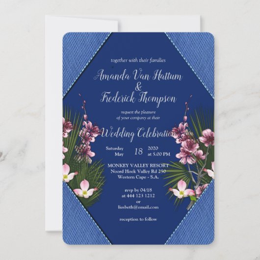 Invitation Marine - Mariage de fleurs bleu et rose (Devant)