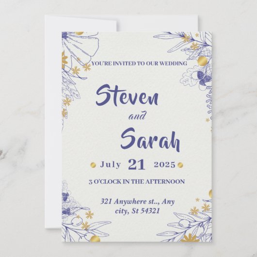 Invitation Marine Mariage de luxe Calligraphie bleue, Golden (Devant)