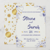 Invitation Marine Mariage de luxe Calligraphie bleue, Golden (Devant / Derrière)