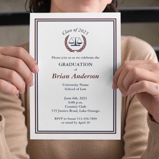 Invitation Marine & Maroon Justice Wreath Law School Graduati