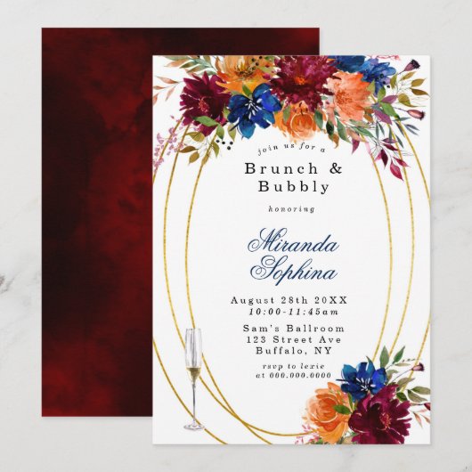 Invitation Marine Marsala Orange Floral Brunch & Bubbly Invit (Devant / Derrière)