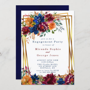 Invitation Marine Marsala Orange Floral Gold Engagement Party