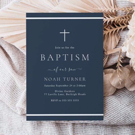 Invitation Marine moderne Baptême bleu Bordure blanche