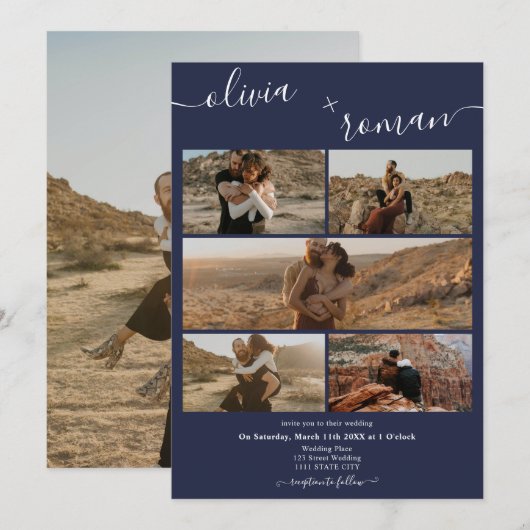 Invitation Marine moderne bleu 6 photos grille collage mariag (Devant / Derrière)