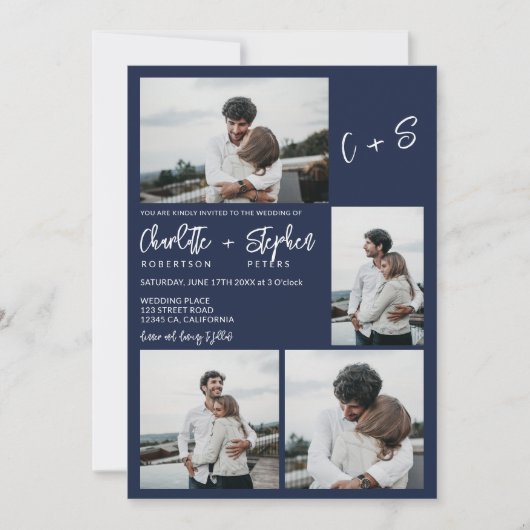Invitation Marine moderne bleu décontracté initiales 5 photos (Devant)