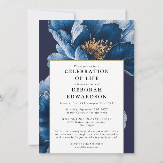 Invitation Marine Moderne Bleu Floral Célébration De La Vie (Devant)
