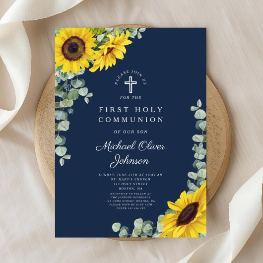 Invitation Marine moderne Bleu Floral Première Sainte Communi