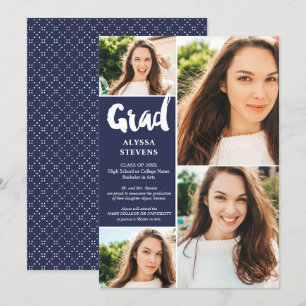 Invitation Marine moderne bleu Grad script 4 photos graduatio