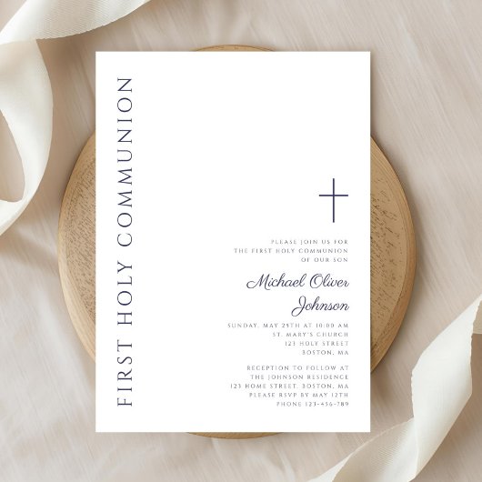 Invitation Marine moderne Bleu Script Première Sainte Communi