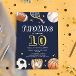 Invitation Marine moderne Blue Sports anniversaire Boys<br><div class="desc">Cette invitation à l'anniversaire sur le thème du sport est parfaite pour un garçon qui aime le sport, qu'il soit fan de basket, football, football, tennis, ou tout ce qui précède ! C'est une façon amusante et festive de célébrer son 10e anniversaire. L'arrière - plan bleu marine est parfait pour...</div>