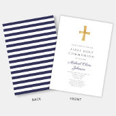Invitation Marine moderne Blue Stripes Cross Boy First Commun