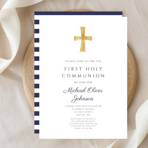 Invitation Marine moderne Blue Stripes Cross Boy First Commun