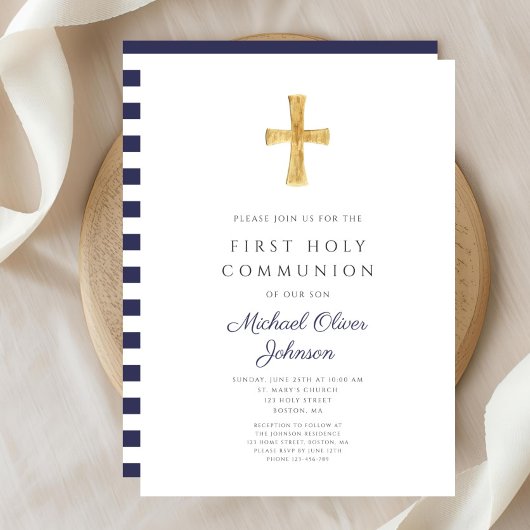 Invitation Marine moderne Blue Stripes Cross Boy First Commun