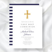 Invitation Marine moderne Blue Stripes Cross Boy First Commun