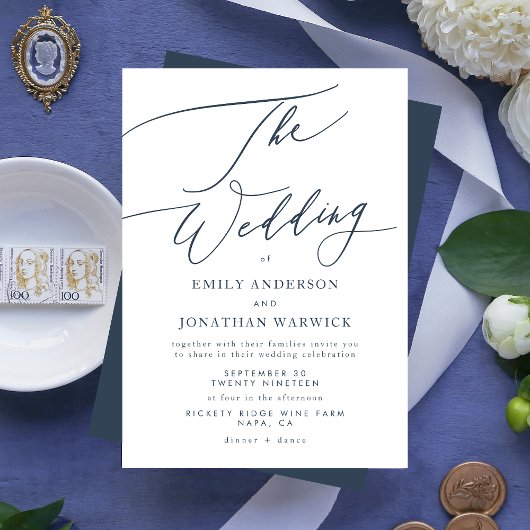 Invitation Marine moderne Blue White Calligraphie Le Mariage