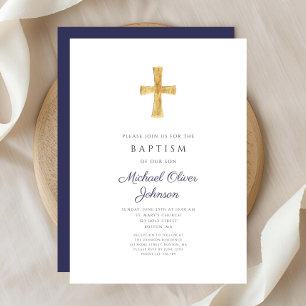 Invitation Marine moderne Croix Bleue Religieux Garçon Baptêm