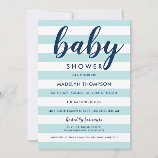 Invitation Marine moderne et Aqua Blue Stripes Baby Boy Douch (Devant)