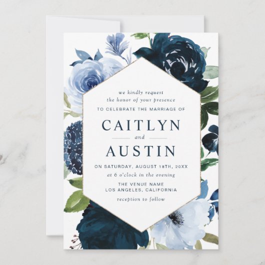 Invitation marine moderne et fleurs bleu clair mariage (Devant)